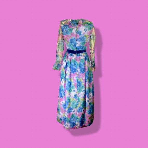 60s Floral Maxi Dress Pastel Spring Velvet Bow Ja… - image 10