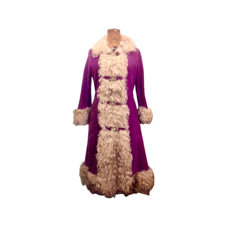 Royal Purple Suede and Hippie Chic  Genuine Mongolian Curly Afghan  Lamb Shearling 70's Coat Vintage Penny Lane Almost Famous  Style 