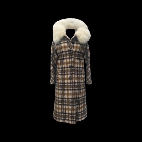 60’s Vintage Coat Wool Fox Fur Green Yellow Beige… - image 5