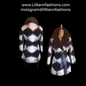 Vintage Women&#39;s Coat- Mod Dramatic 60s Cross Mink White Black Leather Mosaic Geometric Princess Jacket Coat