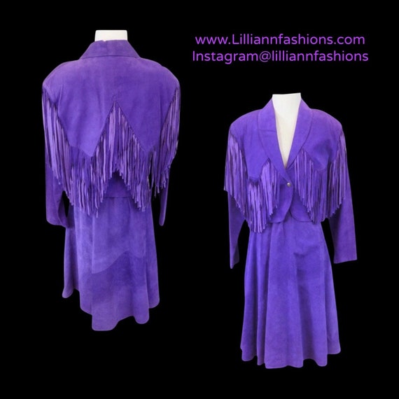 80’s Purple Suede Fringe Jacket and Skirt Set Cow… - image 1