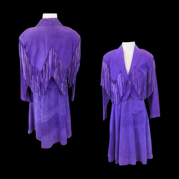 80’s Purple Suede Fringe Jacket and Skirt Set Cow… - image 2