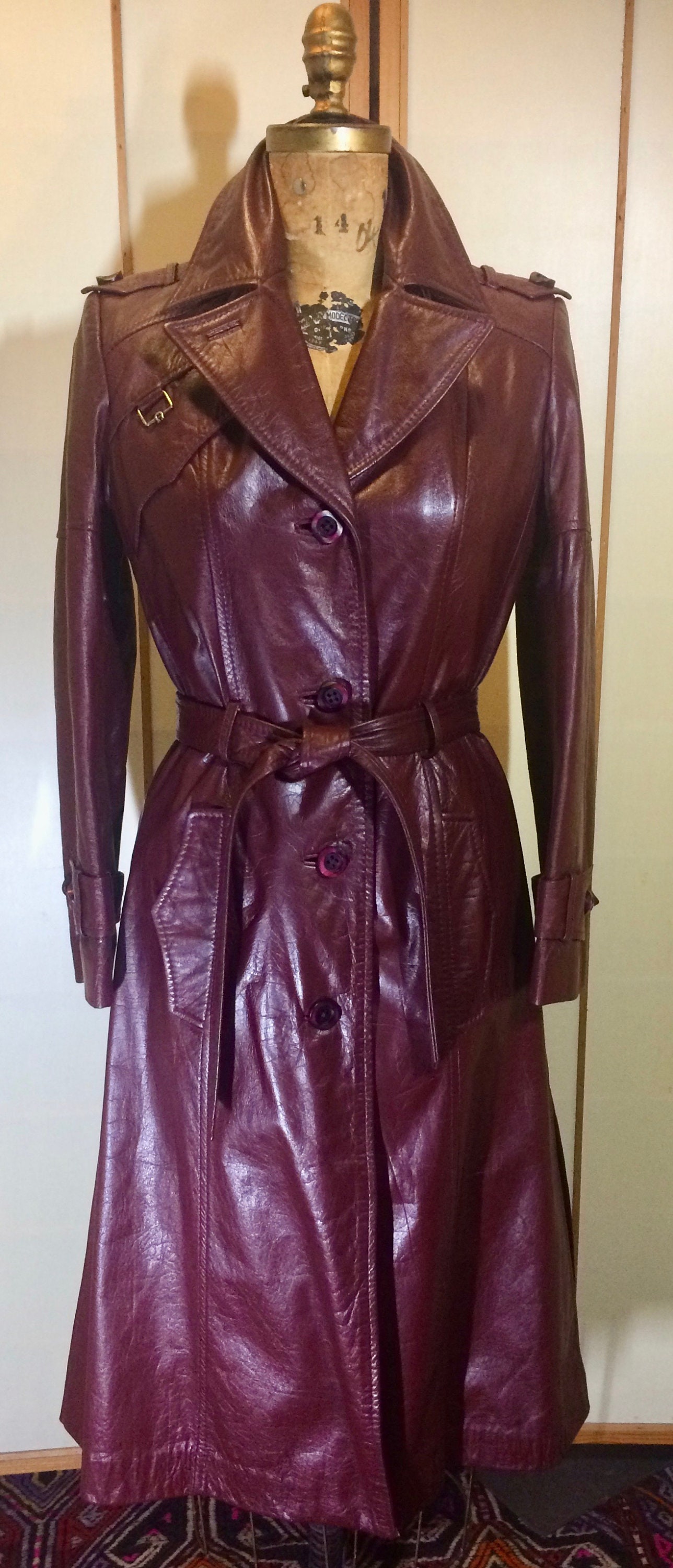 Vintage 70s Leather Coat Spy Trench Belted Fit and Flare | Etsy