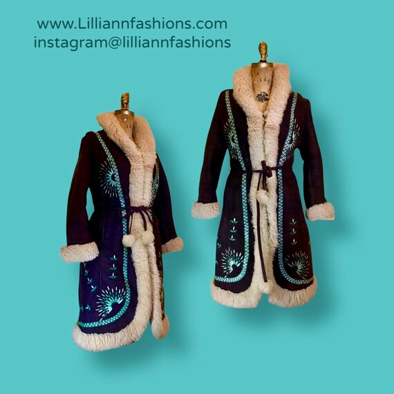 Vintage Coat- 70s Afghan Embroidered Turquoise Bl… - image 1