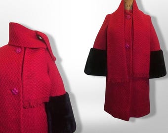 60's Vintage Red Wool  Coat A-Line With Sheared Beaver Fur Bell Sleeve Cuffs and Removable Matching Set Scarf