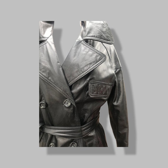 70’s Vintage Black Leather Trench Coat Spy Montgo… - image 8