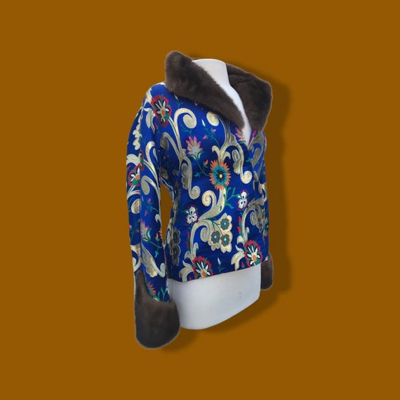 2000’s Brocade Silk Mahogany Mink Jacket Royal Bl… - image 9