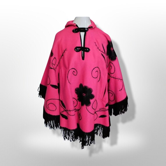 70’s Pink Embroidered Poncho One Size Fits All Floral Black Boho Penny Lane Hipster Vibes Instagram at LilliAnnFashions