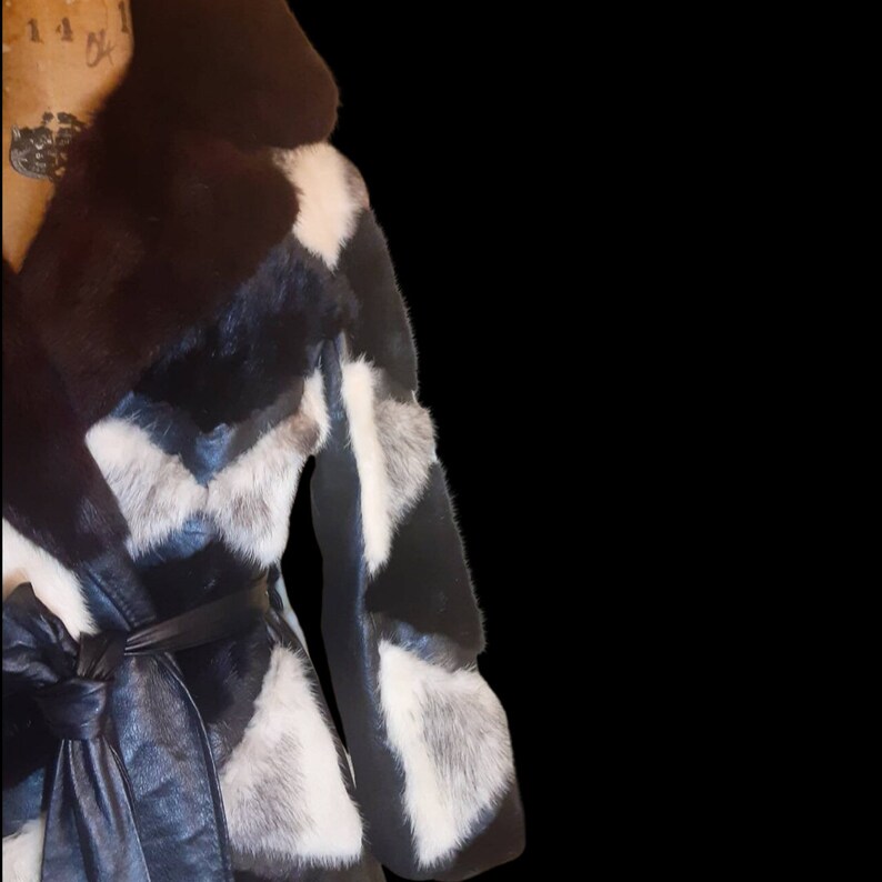 Vintage Women's Coat Mod Dramatic 60s Cross Mink White Black Leather Mosaic Geometric Princess Jacket Coat image 8