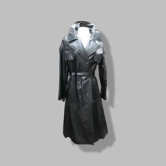 70’s Vintage Black Leather Trench Coat Spy Montgo… - image 10