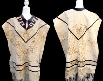 70’s Suede Eagle Rising Phoenix Sun Poncho Serape Carved Suede Fringe Native Unisex One Size Fits All One of a Kind