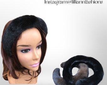 New Black Mink Hairband Soft Genuine Fur Hair Accessory Black Fur Stocking stuffer Christmas