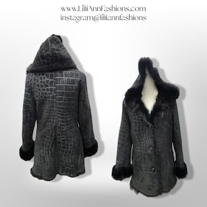 Black Hooded Shearling Suede Coat Alligator Print with Full Shearling Lining Boho Penny Lane Style