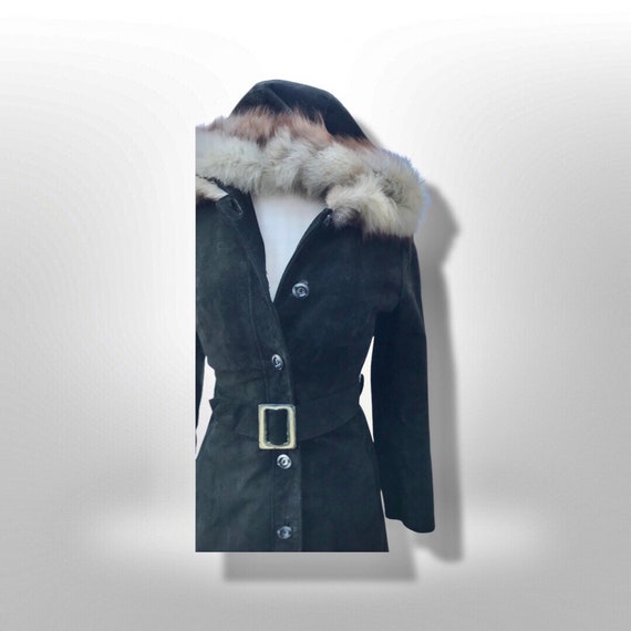 70’s Black Suede Hooded Fox Fur Coat Princess Pen… - image 4