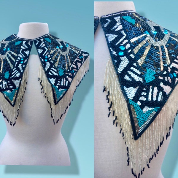 Art Deco Vintage Hand Beaded Necklace Collar Egyptian Inspired Mosaic Turquoise Blue White The Great Gatsby 20’s Style