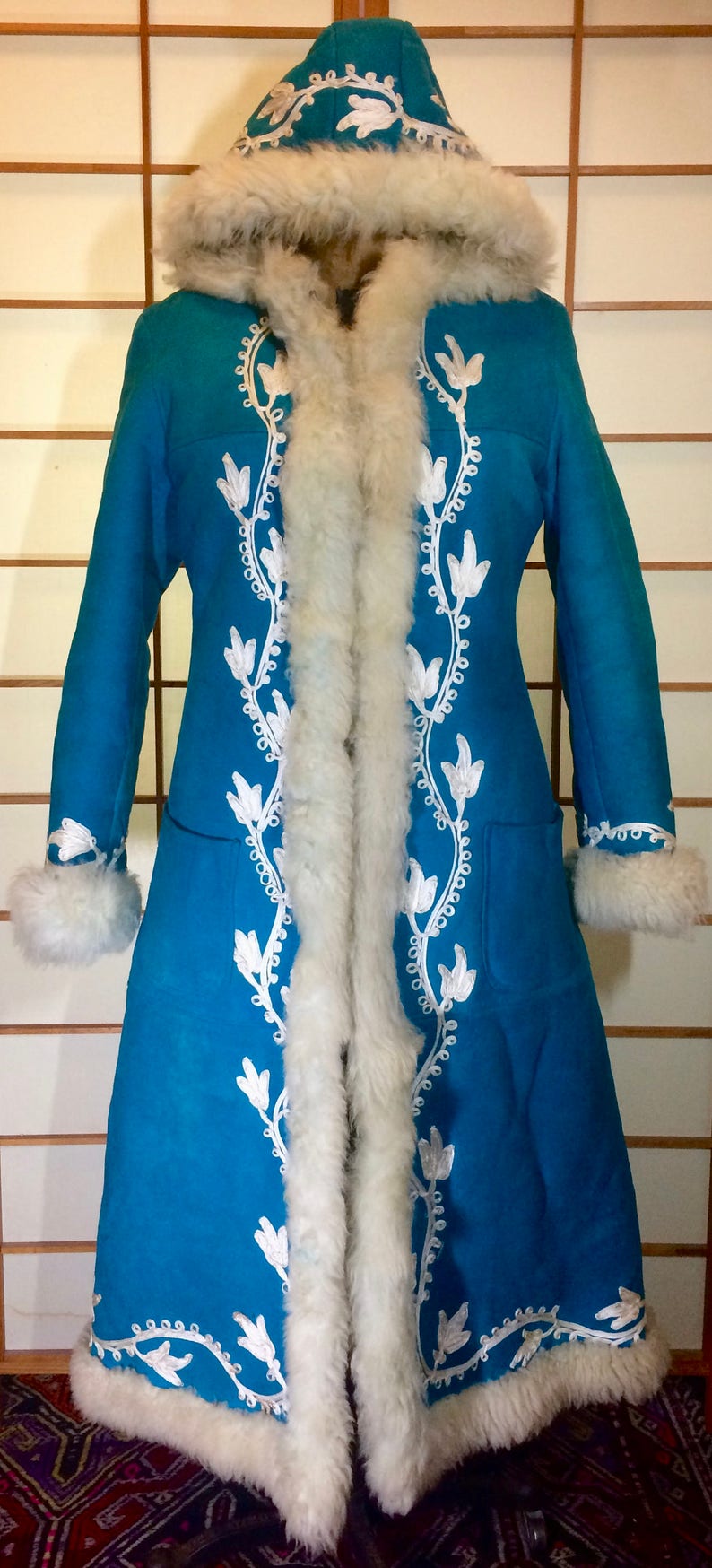 Suede and Shearling Lamb Turquoise Blue and White Embroidered Afghan Coat Almost Famous Hippy Chic Penny Lane S/M Beatles British Invasion! 