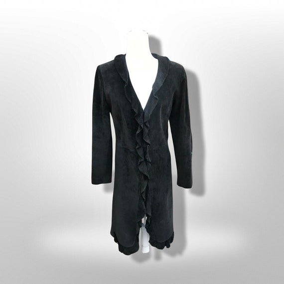 Black Suede Duster with Ruffle Tuxedo Collar Boho… - image 3