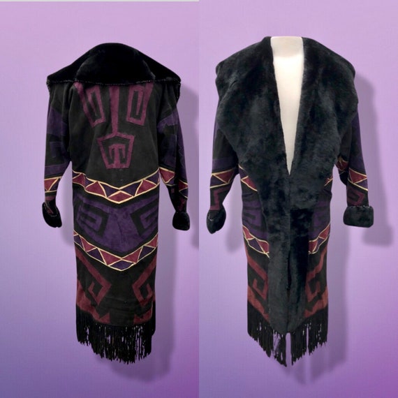 Purple Suede Aztec Shearling Patchwork Fringe Nat… - image 1