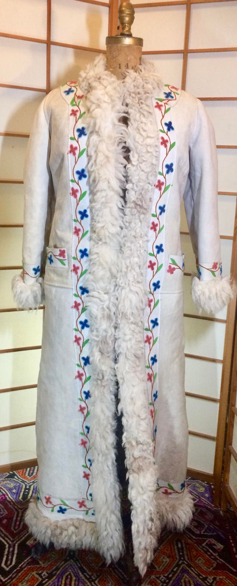 70s Suede Shearling Embroidered Coat Full Length White Genuine Afghan  ICONIC 70's Penny Lane Rocker Almost Famous M/L 