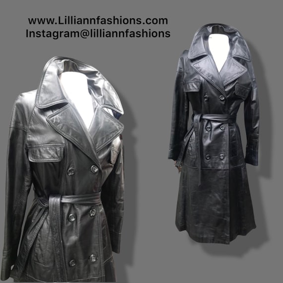 70’s Vintage Black Leather Trench Coat Spy Montgo… - image 1