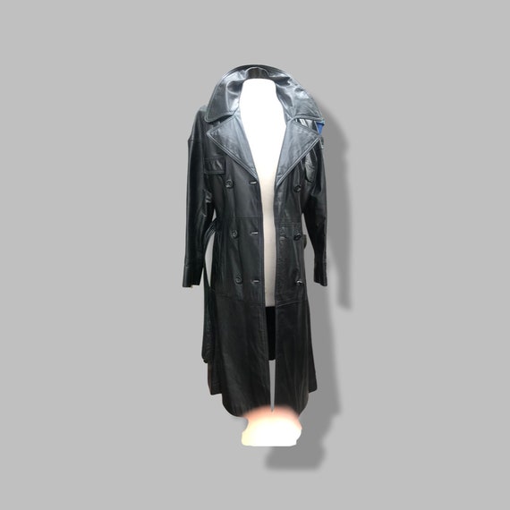70’s Vintage Black Leather Trench Coat Spy Montgo… - image 7