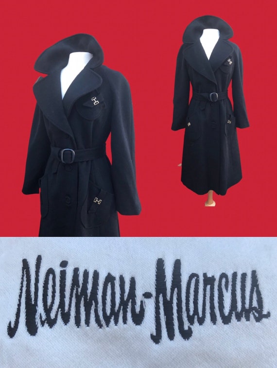 Neiman Marcus Wool Black Fitted Flare Coat Hardwar