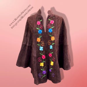 70’s Brown Suede Poncho Cape Floral Embroidered Rainbow Spring Flower Child Hippy Boho Chic One Size Fits All Full Frontal Zipper Penny Lane