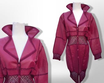 Brand New Deadstock Vintage 90’s Pink Leather Magenta Lace Duster Coat