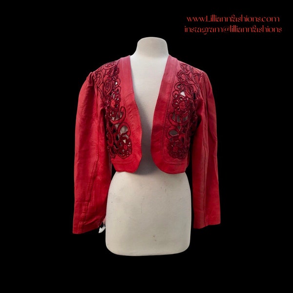 80s Glam Vintage Red Leather Beaded Bolero One Size Fits Most