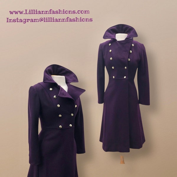 Vintage Deep Purple Military Style Wool Coat Fitted and Tailored