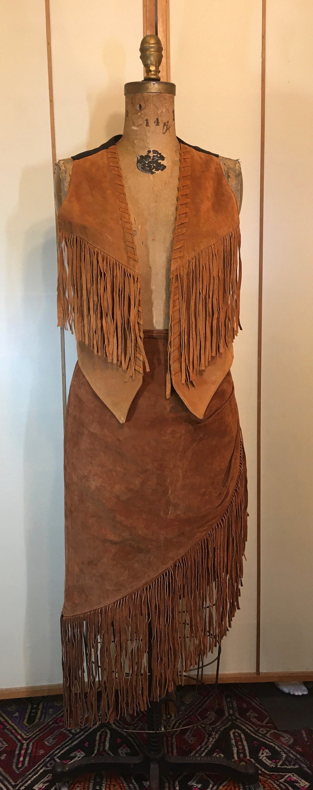 70s Vintage Suede Fringe Skirt Vest Asymmetrical Set Rust - Etsy