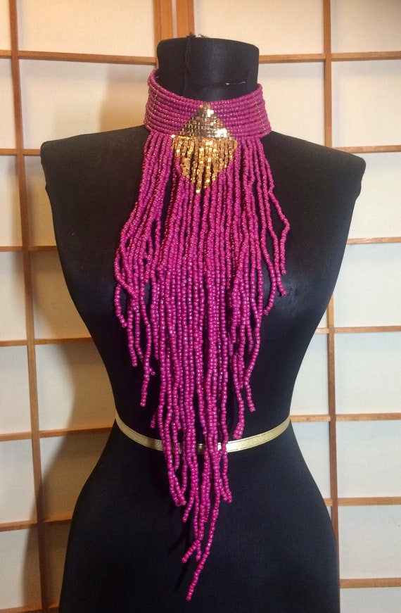 Extra Thick Collar Choker Beaded Magenta and Gold 