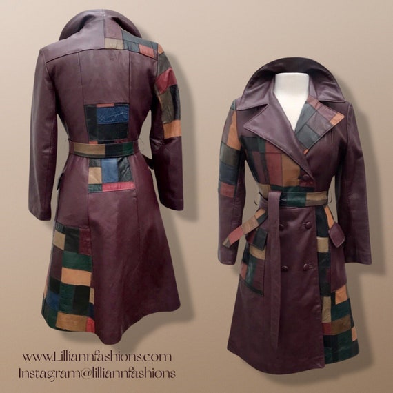 70s Leather Coat l Maroon Patchwork Fit Flare Tre… - image 1