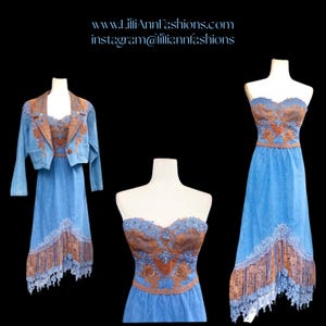 80年代ヴィンテージのスリーピースジーンズとレーススカート、ビスチェとジャケット、ビーズと刺繍のカウガールカウボーイビヨンセスタイルボヘミアン80年代グラムカジュアル