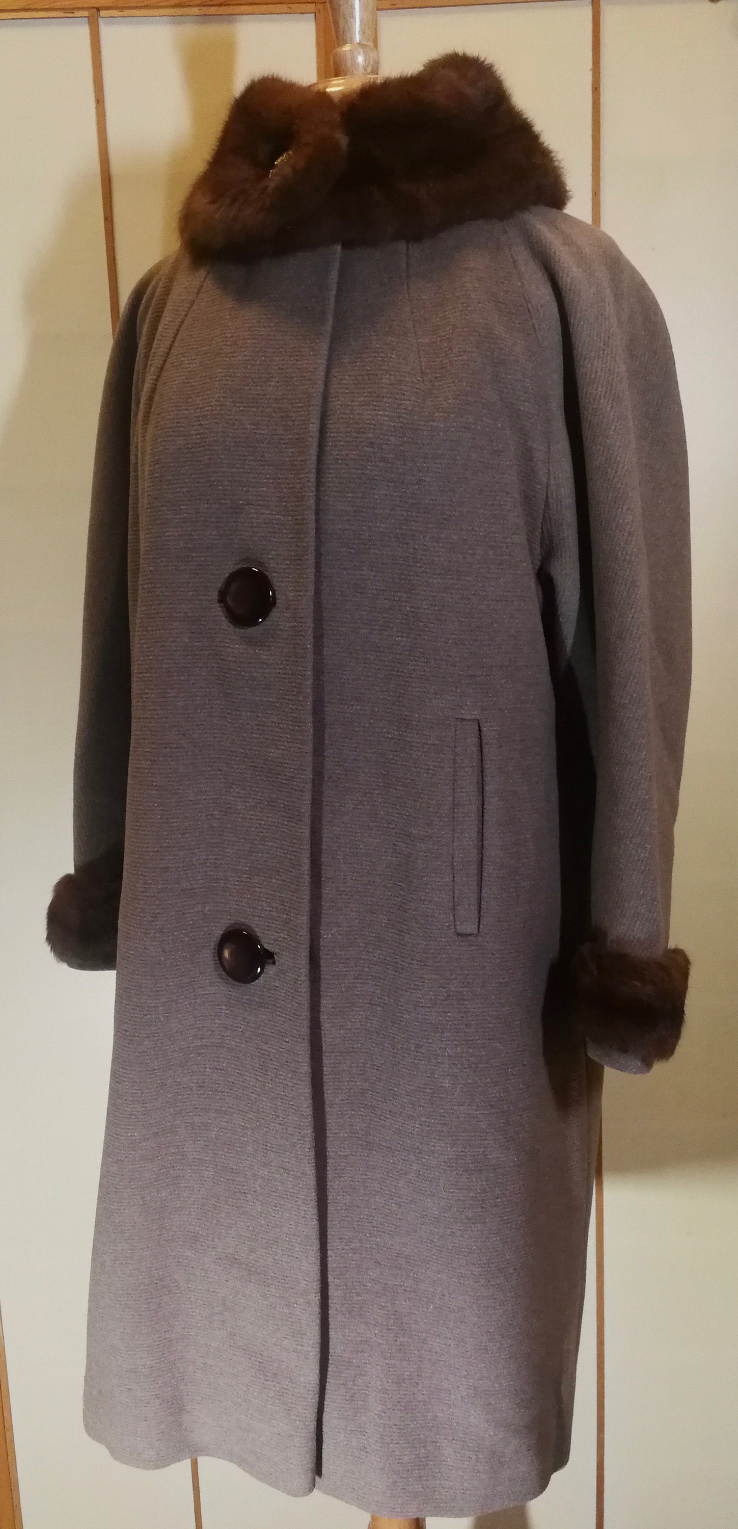 60s Wool and Mink Swing Coat With Rhinestone S/M/L | Etsy