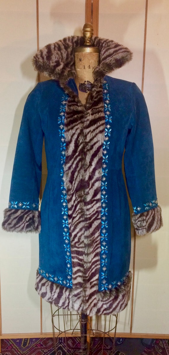 Plus Size Teal Blue Suede Jeweled Afghan Coat Tige