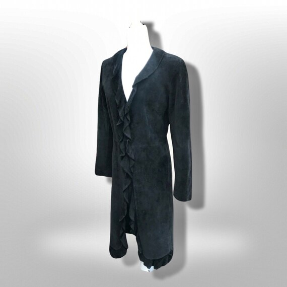Black Suede Duster with Ruffle Tuxedo Collar Boho… - image 6
