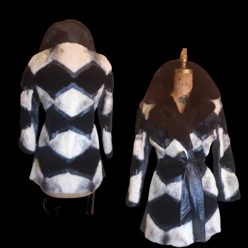 Vintage Women's Coat Mod Dramatic 60s Cross Mink White Black Leather Mosaic Geometric Princess Jacket Coat image 2