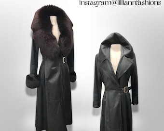 Italian Leather Long Sleek Coat Matrix Style Trench Fitted Flared Removable Fox Fur Cuffs and Collar Couture Winter Gift For Her Birthday