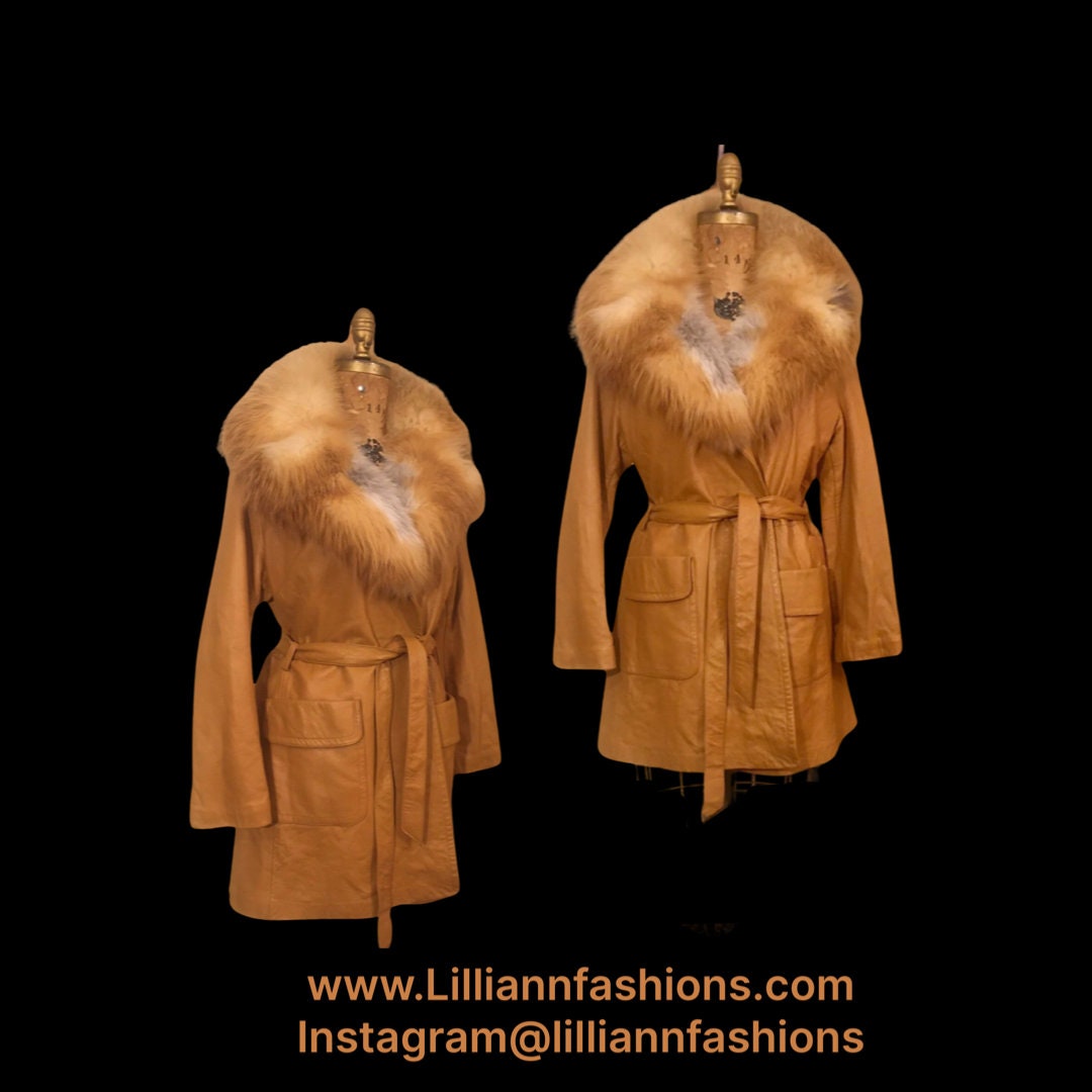 Vintage Mod Leather Trench Coat 1970s Double Breasted With