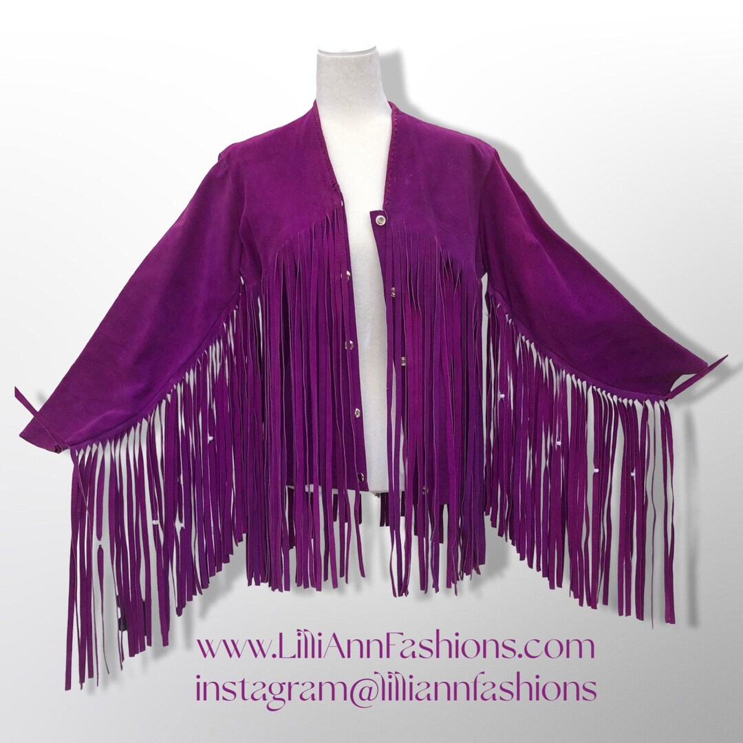 Authentic 70’s Magenta Purple Pink Suede Long Fringe Beaded Jacket Coat