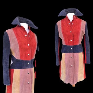 70er Jahre Wildleder Mantel Jacke Patchwork Rot Weiß Blau