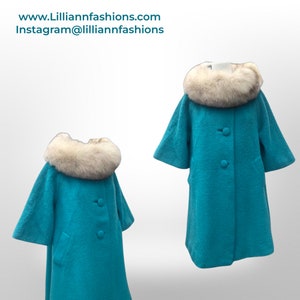60’s Turquoise Mohair Pure Wool and Silver Fox Fur “Pour LIlli Ann Paris” Collection Boat Neck Trapeze Swing Coat