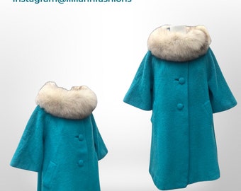 60’s Turquoise Mohair Pure Wool and Silver Fox Fur “Pour LIlli Ann Paris” Collection Boat Neck Trapeze Swing Coat