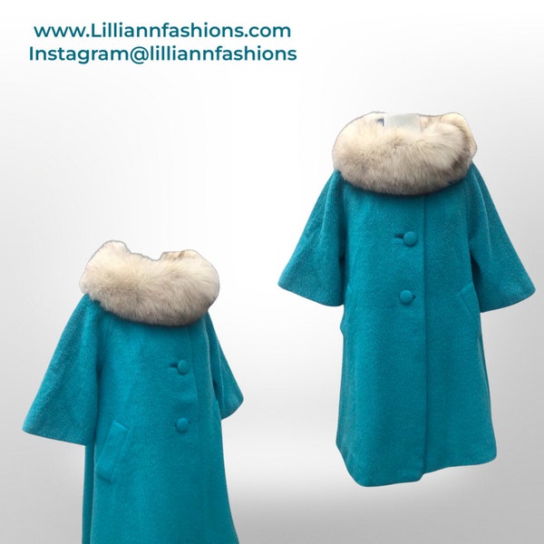 60’s Turquoise Mohair Pure Wool and Silver Fox Fur “Pour LIlli Ann Paris” Collection Boat Neck Trapeze Swing Coat