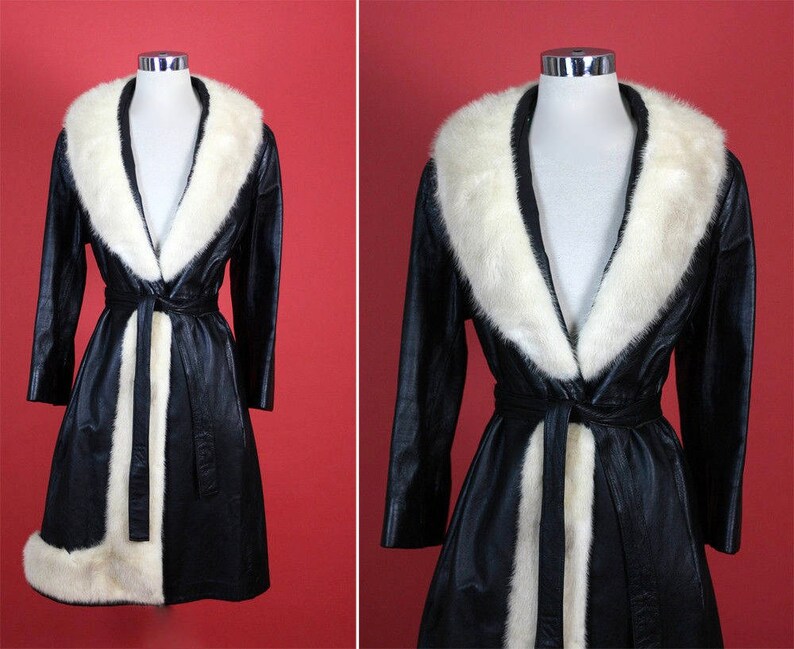 Piano Key Black Leather Trench with Cream Azurene Mink Asymmetrical Trimmed Coat 60s 70s Mod Hippy Pane Lane Almost Famous S/M/L 
