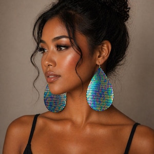 Handmade Leather Thick Suede Dangle Earrings Extra Large Rain Drop Iridescent Mermaid Dragon Color 5” long