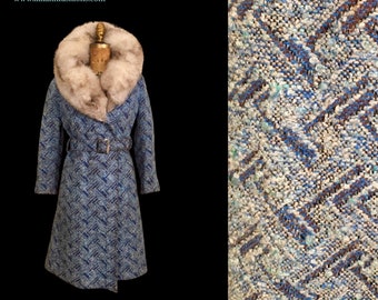 60’s 70’s Blue Carpet Coat Needlepoint Tapestry with Norwegian Fox Fur Belted