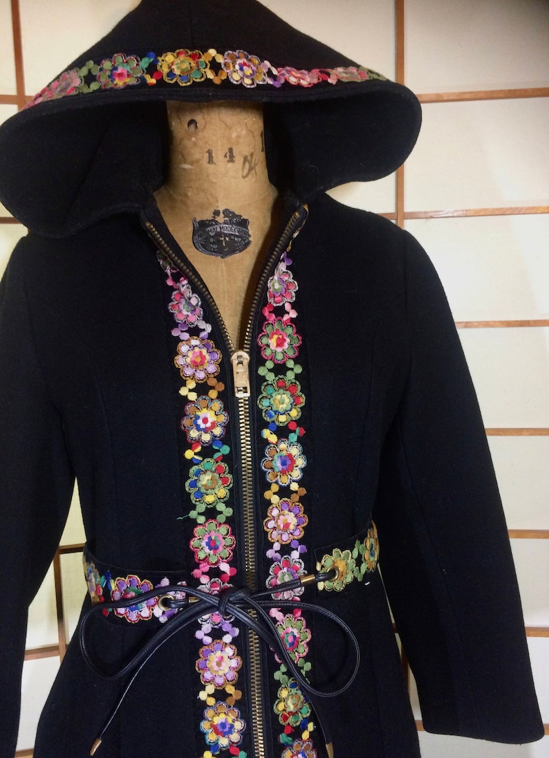 Embroidered Hooded Coat, Vintage 60's 70's Mod Hippy Renaissance Fair Russian Princess Hood Coat  Penny Lane Almost Famous S/M 