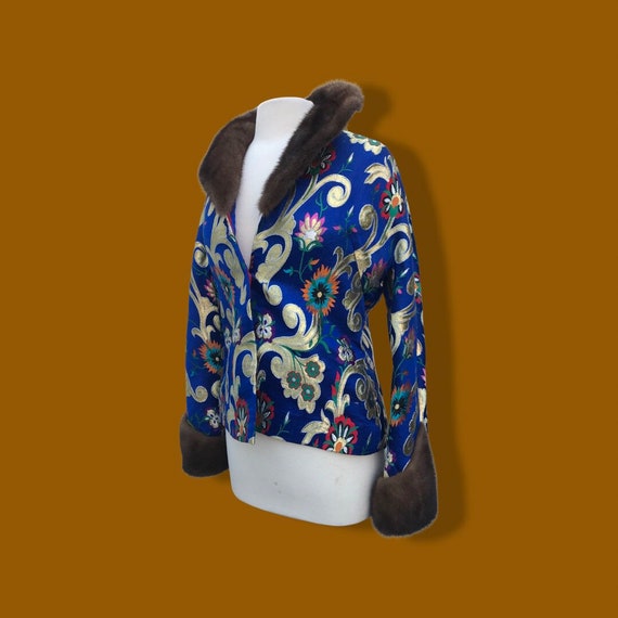 2000’s Brocade Silk Mahogany Mink Jacket Royal Bl… - image 10